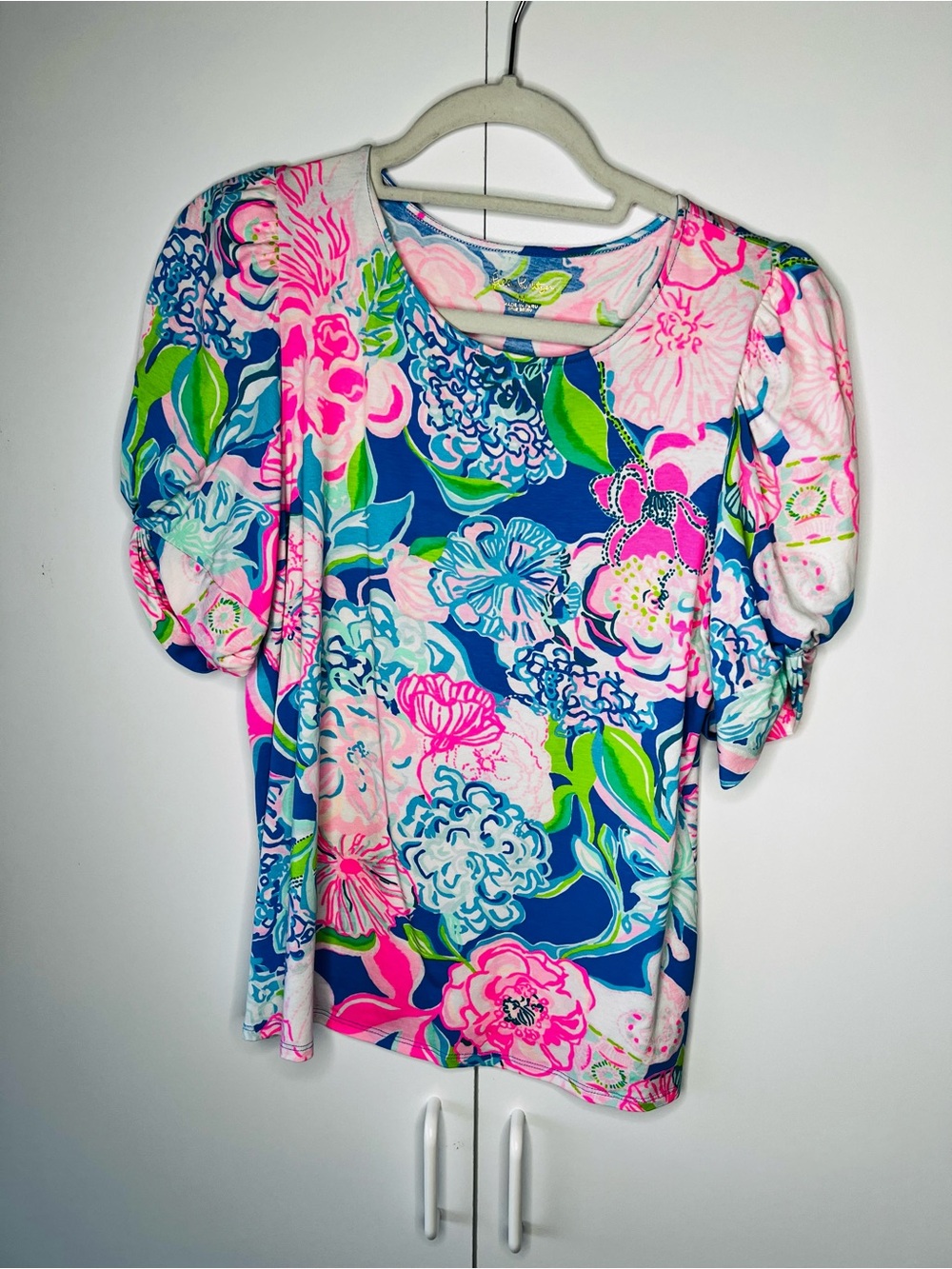 Lilly Pulitzer Elisabette Top M Peony For Your Thoughts Puff Twisted Sleeve